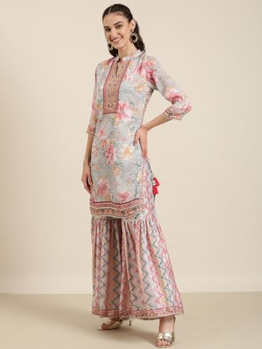 Image of SHOWOFFFF Women Printed Three-Piece Straight Ethnic Kurta Set | Mandarin Collar 3 /4th Sleeves Crepe Kurta Set's for Womens | Mid-Rise Regular Fit Above Knee Kurta Set for Women's