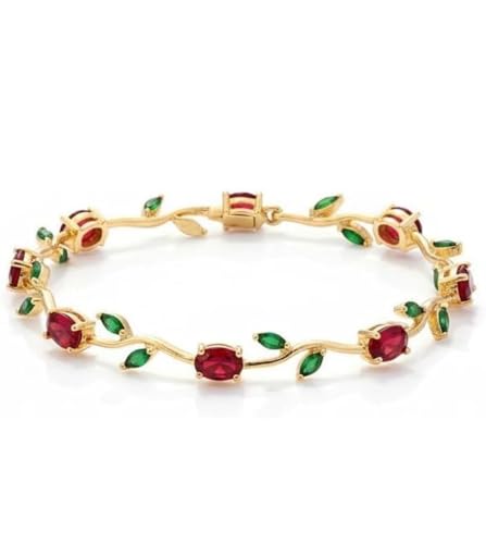 Image of Fairy Bloom Floral Tulip Bracelet With Red Green Crystal Stones For Girls & Women | Elegant Anti Tarnish Golden Chain Link Floral Branches Bracelet | Lightweight Jewellery For Daily Wear & Gifts