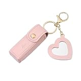 口紅キーホルダー リップケース ミニハートミラ+キーホルダー付き PUレザー ミニサイズ 香水ケース リップ化粧ポーチ 可愛い おしゃれ 持ち便利 化粧品容器 小銭ケース キーバッグ 印鑑ケース プレゼント (ピンク)