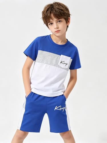Image of Size 6-12 Years Boys Summer Outfits Set Kids Short Sleeve Top T-Shirt & Shorts Color Block Clothing Sets