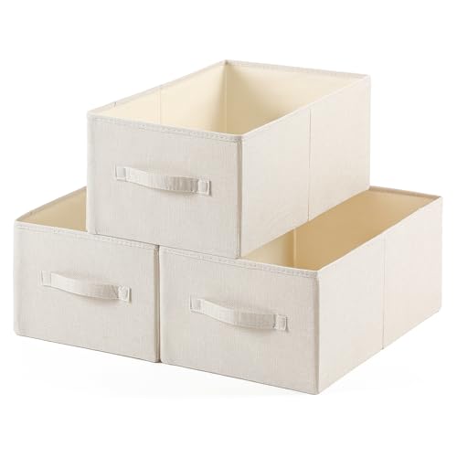 Linen Folding Storage Bins, 3 Pack Large Storage Baskets, Washable, Clothing Storage Bins with Handle, Closet Organizer for Storage Sweater,Sheets(Beige, 18½”x11″ x8½”)