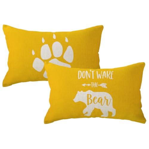 2Pack Bear Lumbar Throw Pillow Cover Don’t Wake The Bear Beige Bear Yellow Background Cushion Covers Bear Paw Cabin/Camper Decorative Rectangular/Waist Pillowcases 12x20 Inch(Yellow)