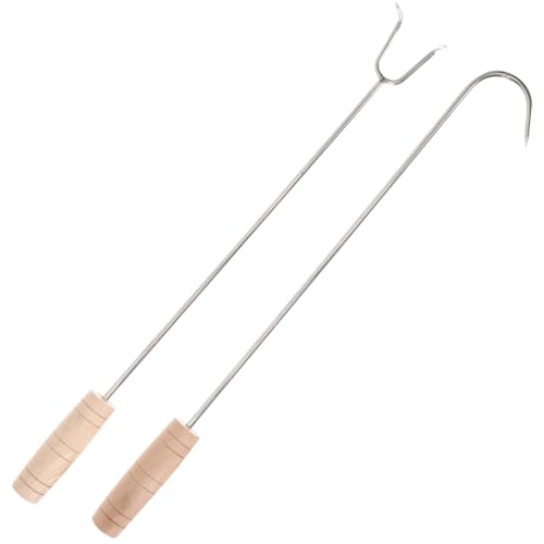 PRETYZOOM 2pcs Stainless Steel Meat Hook Bbq Hook Wooden Handle Multi-function Pork Flipper Professional Roasting Tool