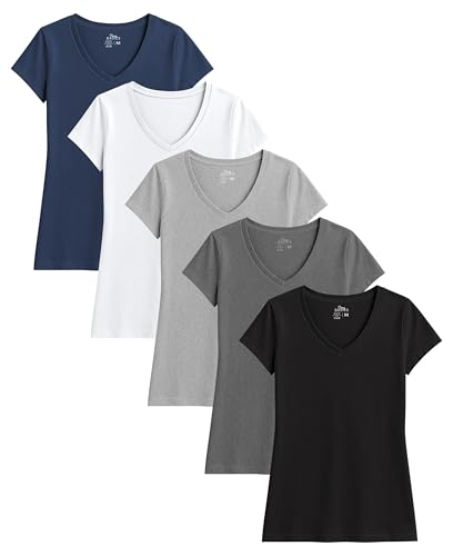 Sexy Basics Womens' Cotton Stretch V Neck Color T Shirts | Casual & Active Basic Short Sleeve Tops | Multi Packs