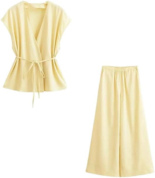 Women Casual Suits Lace-Up V-Neck Vest Waist Wide Pants Sets