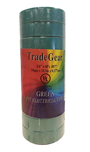 Image of TradeGear Green 10 Pack - UL Listed Colored Electrical Tape, 60 ft x 3 /4 in, 600V, Flame Retardant, Waterproof, Rubber Adhesive - Phase Marking, Wire ID, Automotive