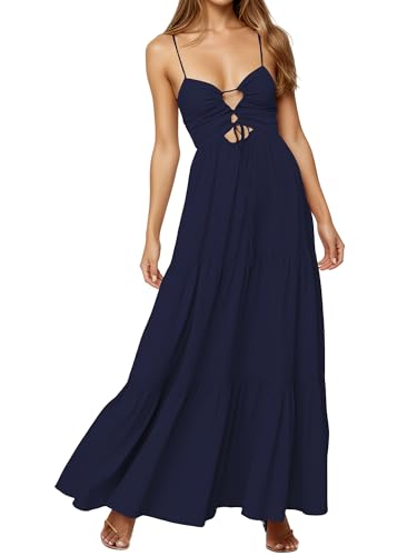 Image of Womens Summer Floral Spaghetti Strap Backless Low Cut Smocked Milkmaid Flowy Beach Sundresses