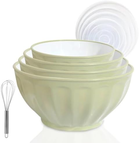 Mixing Bowls with Lids Set,Plastic Prep Bowl with Lid,Mixing Bowl Set for Kitchen Cooking, Baking,Storage Food,4 Big Nesting Bowls and 1 Egg Whisk,Stackable，Green image 3