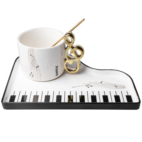 Taza De Café De Cerámica Con Plato Y Cuchara: 200 Ml Taza De Café Creativa Para Piano, Nota Musical, Taza De Té, Regalo, Taza De Café Para Amantes De La Música, Regalo De Música, Blanco