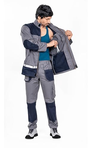aipan Industrial Boiler Suit | 2-Piece Workwear Coverall for Men | 220 GSM Cotton | Multiple Pockets | Safety Uniform for Factory, Workshop, Welding – Grey with Neon Strips