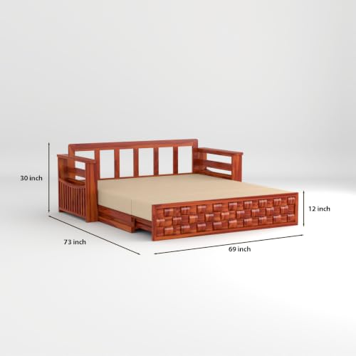 Image of Solid Sheesham Wood Sofa Cums Bed with Mattress & Storage | Rosewood Convertible Sofa Bed for Living Room & Bedroom (G-Honey, 3 Seater)