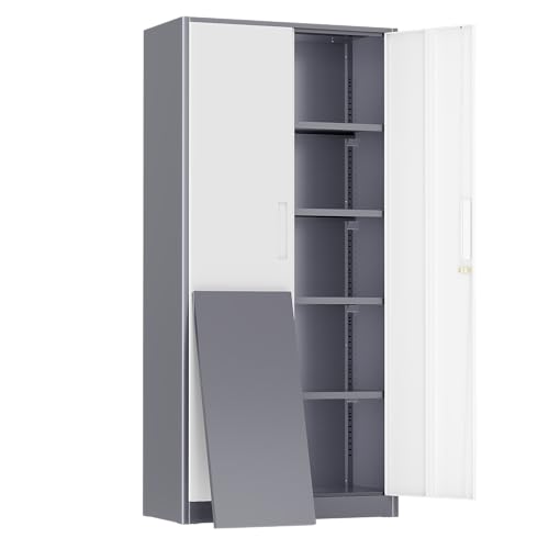 Image of Greenvelly Metal Storage Cabinet, 72 inch Locking Metal Garage Storage Cabinet with Doors and 4 Adjustable Shelves, Lockable Steel Cabinet for Home Office, Garage, Shop, School (White Grey 32 inch W x 16 inch D)