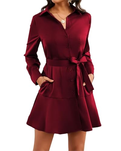 Image of Women's Long Sleeve Button Up Midi Belt Shift Collar Dress with Pockets for Work Office Business