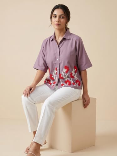 Image of Stylish Women's Embroidered Shirts | Geometric Pattern Half Sleeve Collared Button-Up Casual Shirt for Women
