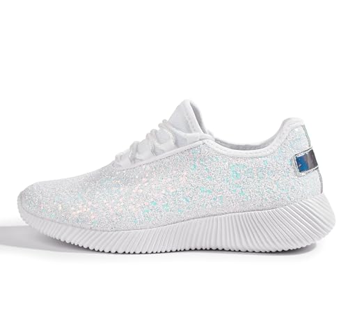 K KIP WOK Fashion Glitter Sneakers for Womens Silp On Running Shoes Lightweigt Tennis Walking Sneakers(New White,8.5B(M) US)