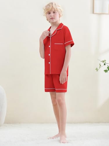 Umeyda Boys Pajamas, 100% Cotton Kids Soft Short Sleeve Sleepwear Button Down Casual 3 Pcs Pjs Set for Ages 4-123