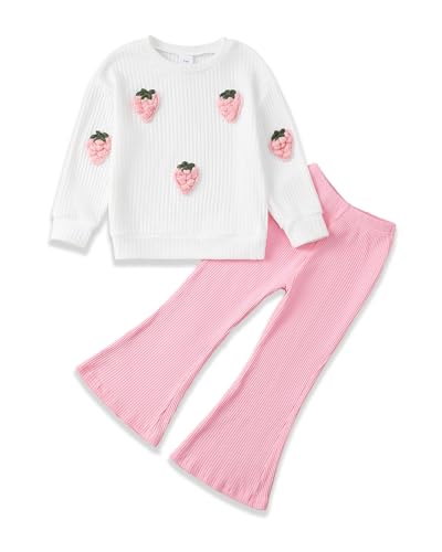 Girls Clothes Size 5-6 Winter Outfits for Kids 2 Piece Cute Pink Strawberry Long Sleeve Ribbed Crewneck Pullover Flare Leg Solid Pants Little Girl Outfit