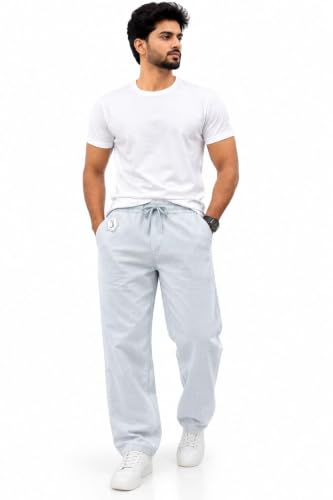 Image of MCSTAN Men's Linen Blend Cotton Pants Casual Relaxed Fit Lightweight Summer Trousers with Elastic Waist Drawstring and Pockets Beach Vacation Holidays