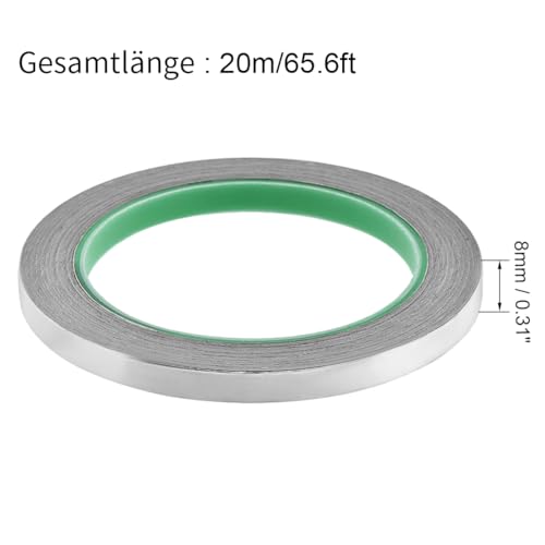 sourcing map Aluminium Klebeband 8mm x 20m Alufolie Isolierband Aluminiumband Selbstklebend Alu Klebeband Hitzebeständig Dichtungsband Wasserdicht Dichtband für Reparatur Abdichtung Isolierung