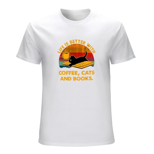 Mootaa Life Is Better with Coffee Cats And Books Mens T-Shirt Cat Lover Gift Tee White 3XL