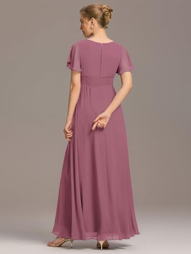 Image of Ever-Pretty Women's Spring Elegant Round Neck Short Sleeve Chiffon Empire Waist Floor Length Formal Dresses Bridesmaid Dress