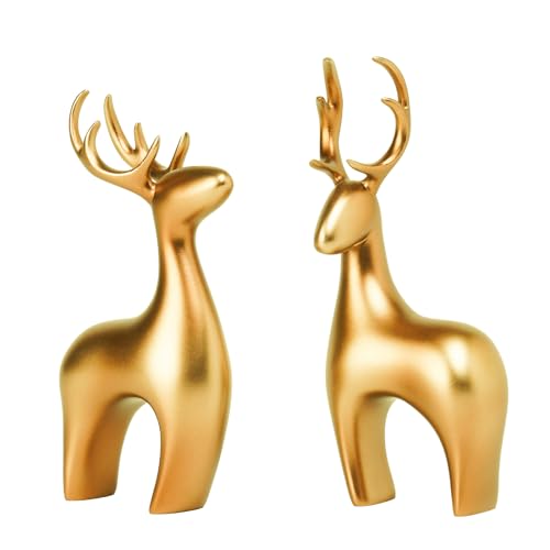 Braxio Deer Statue Reindeer Home Decor - 2pcs Resin Gold Reindeer Sculpture Deer Figurines for Living Room Bedroom Office Desktop Bookshelf Cabinets Decor Home Decoration