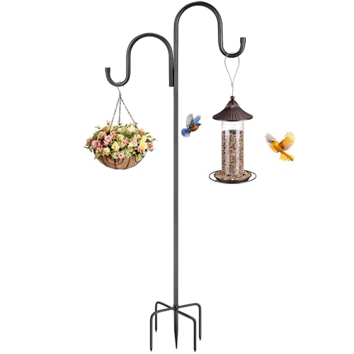 79 Inch Double Shepherds Hooks for Outdoor, Heavy Duty Bird Feeder Pole with 5 Prongs Base for Hanging Lantern, Hummingbird Feeder, Lightweight Plant, Shepherds Hook for Bird Feeders for Outside