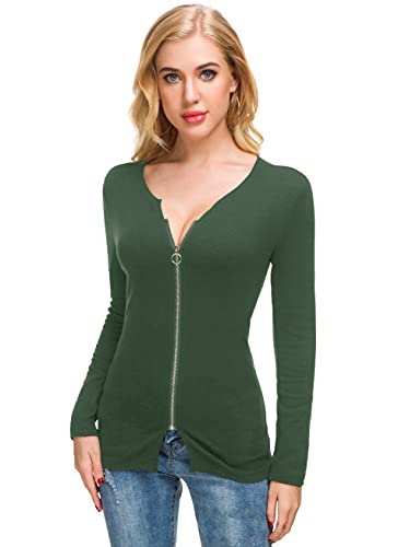 Image of Afibi Women V Neck Zip Front Long Sleeve Casual Top Blouse Shirt /Cardigan