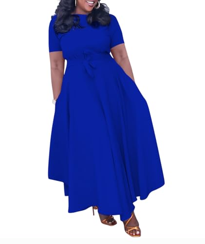 Image of Hostoyo Women Plus Size Formal A Line Maxi Dress Self Tie Waist with Pockets Elegant Round Neck Swing Long Dresses