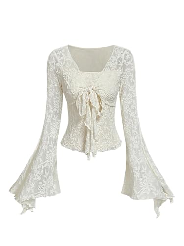 SHENHE Girl's Lace Tie Front Shirt Bell Long Sleeve Dressy Going Out Party Fairy Top