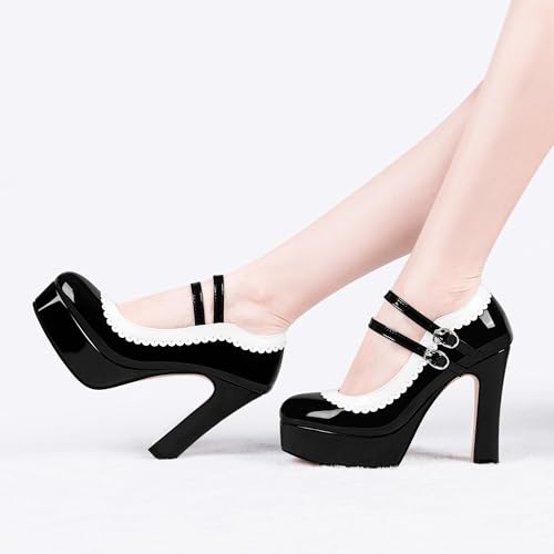 Women's Ankle Strap Plafrom Mary Janes Pumps Block High Heels Double Buckle Patent Leather Dress Shoes4