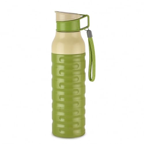 Image of CELLO Puro Steel-X Delta 600 PU Insulated Water Bottle for Office 550 ml Green | Wide Mouth Easy to Carry with Strap Leak Proof Flip Top Lid Inner Steel Water Bottle for School Kids, College & Travel