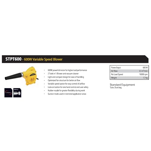 STANLEY STPT600-IN Blower for Clearing Away Dust Particles from Furniture, Cars, Windows & Other Rigid Surfaces, 600W Variable Speed, 16000 RPM, 1 Year Warranty (Yellow & Black)