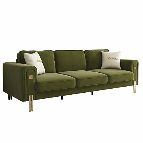Kadway Green Velvet Sofa Couch, 91" Mid Century Modern Sectional Couch, Large Upholstered Deep Seat Couch With Gold Metal Legs For 3-4 Persons, 3 Seater Couches For Living Room Bedroom Home Office #TOP6