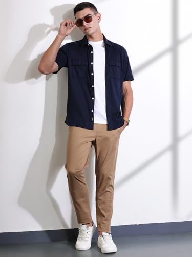 Image of Thomas Scott Men's | Solid | Half Sleeve | Slim Fit | Cotton Blend | Double Flap Pocket | Spread Collar | Casual Shirt