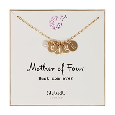 StyledU Mother of 4 Children Initial Necklace for Women 14k gold Filled Customized Initial with Pearl Mother Necklace Mom Gifts for Christmas Thanksgiving Mother's Day Cover