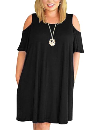 Kancystore Women Plus Size Dresses Short Sleeve Cold Shoulder Casual T-Shirt Swing Dress with Pockets
