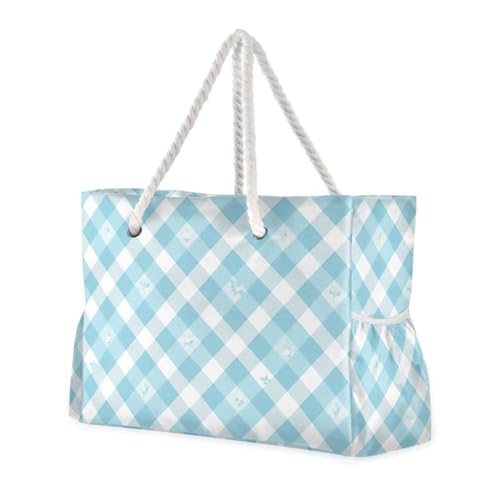 JUNZAN Teal Blue Floral Plaid Beach Tote Bag with Handles Swim Pool Bag Beach Totes Bags for Women with Waterproof Pockets