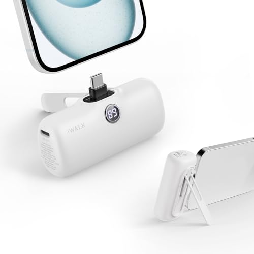 iWALK Powerbank USB-C 5000 mAh, 20 W, Carga rápida, portátil, con Soporte, pequeña batería Externa, Pantalla LCD, Compatible con iPhone 15 Plus/15 Pro/15 Pro MAX, Samsung, Color Blanco