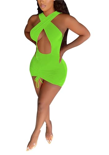 LROSEY Women's Sexy Bodycon Sleeveless Mini Dress Birthday Party Club Criss Cross Ruched Halter Dresses Green