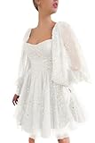 Xijun Plus Size Homecoming Dress for Teens Short Puffy Sleeve Prom Dress White Sparkle Starry Tulle Corset A-Line Formal Party Gowns with Pockets US18W