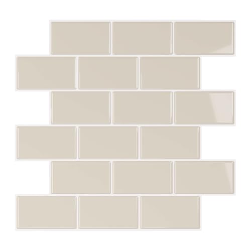 VEELIKE Azulejos Adhesivos Cocina Beige Brillante 3D Baldosas Adhesivas Pared Cocina Pared Trasera Azulejos Adhesivos Baño Pegatinas de Baldosas Lavanderías Impermeable 30.5cm × 30.5cm 6 Piezas