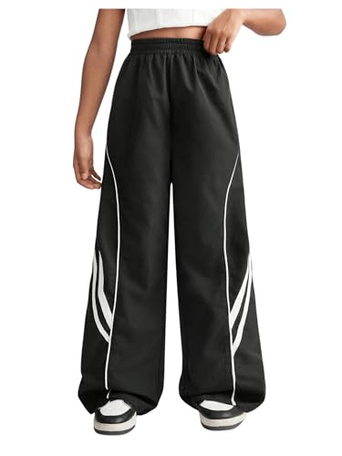 WDIRARA Girl's High Waisted Track Pants Baggy Elastic Waist Jogger Sweatpants Casual Sportwear