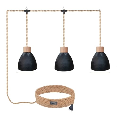 Image of 3-Light Plug in Pendant Light 22FT Industrial Hanging Lamp with Twisted Hemp Rope Independent Triple Switch Hanging Light Chandelier for Dining Room Kitchen, Black Finish