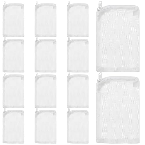 TIESOME 14Pcs Aquarium Filter Bags, Reusable Aquarium Filter Media Bags with Zipper Fish Tank Media Mesh Filter Bag High Flow Fine Mesh Net Bags for Activated Carbon, Biospheres(White)