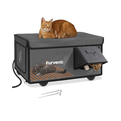 Outdoor Heated Cat House in Winter,Extremely Insulated & Weatherproof,Feral Cat Shelter with Waterproof Eaves & Escape Door for Outside Stray Barn Cat(Dark Grey,25.6″x16.5″x13.4″)