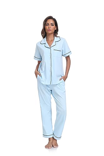 Image of COLORFULLEAF Women's 100% Cotton Pajamas Set Button Down Sleepwear Short Sleeve Shirt and Long Pants Soft Ladies Lounge Sets