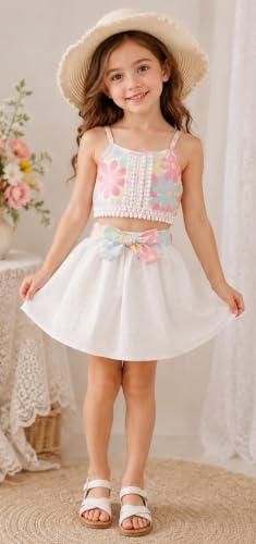 Image of TAGAS Girls Girls Floral Crop Top and White Lace Skirt Set - Summer Sleeveless 2-Piece Outfit with Bow Belt - Casual Party Dress for Kids