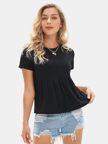 EXLURA Womens Summer Cute Crop Tops Short Sleeve Pleated Tshirts Crewneck Business Trendy Blouse Beach Vacation Outfits 20252
