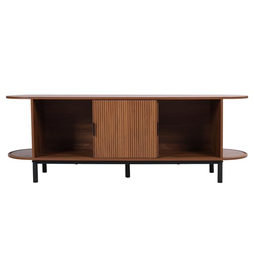 FurSch 62" Tambour Door TV Stand,Wood Mid Century Modern TV Cabinet for Up to 70&ldquo; TV,Curved Edge Long TV Stand with Storage for Bedroom Living Room(Walnut, 62.2inch)